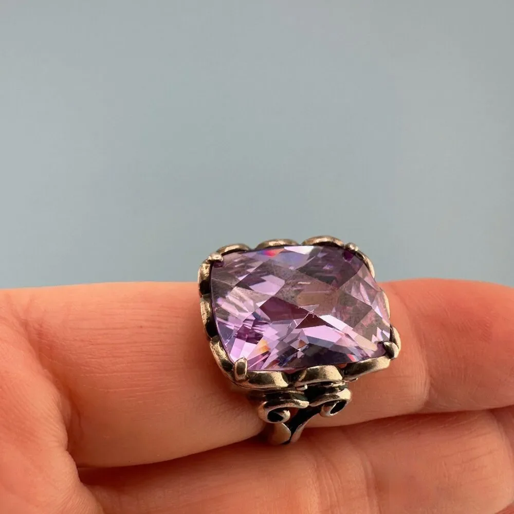 Vintage Sterling Silver Purple Stone Ring Simulated Spinel Large Faceted 6.5